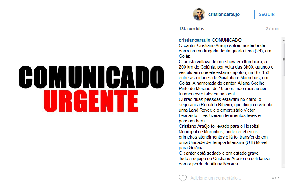 Cantor sertanejo Cristiano Araújo morre em acidente de carro em Goiás